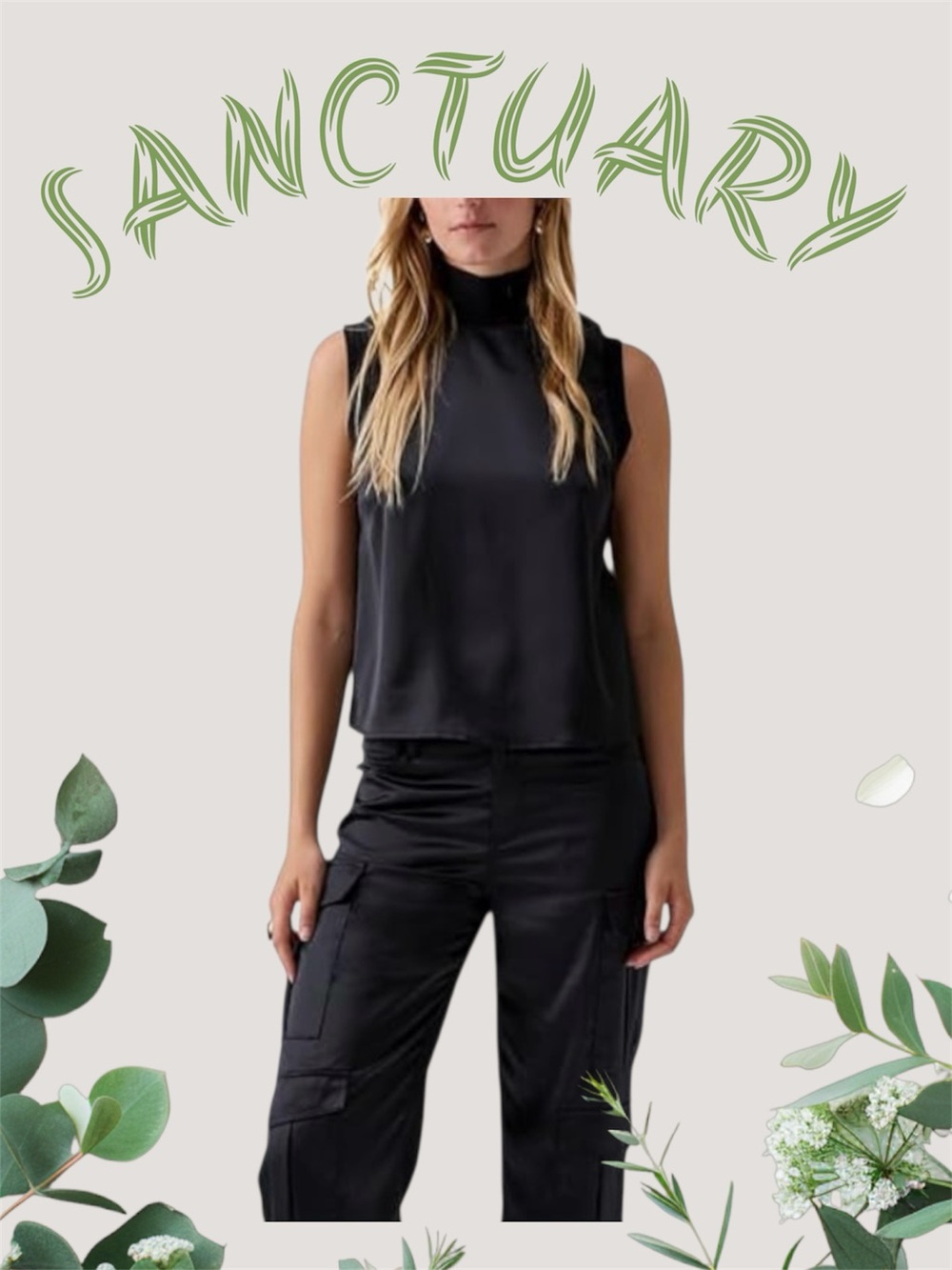 SANCTUARY Women's Nights Like This Satin-Front Sleeveless Top (Black, XS)